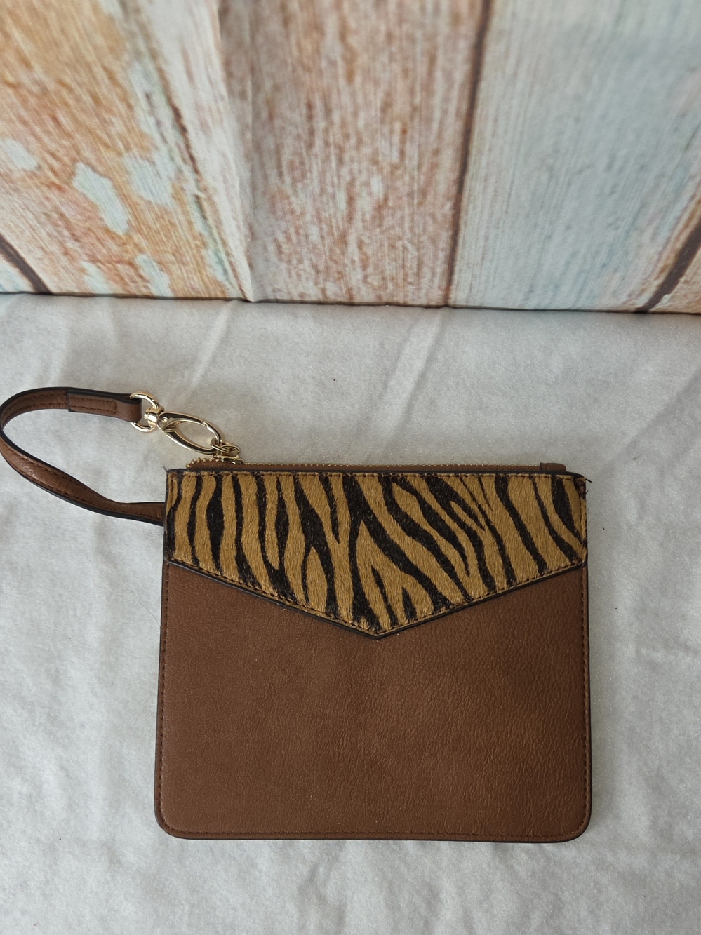 Dune London Vegan Leather Brown And Zebra Calf Hair Wristlet/Clutch
